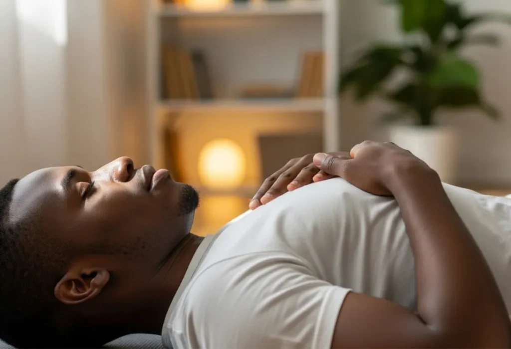 man mindful breathing indoors